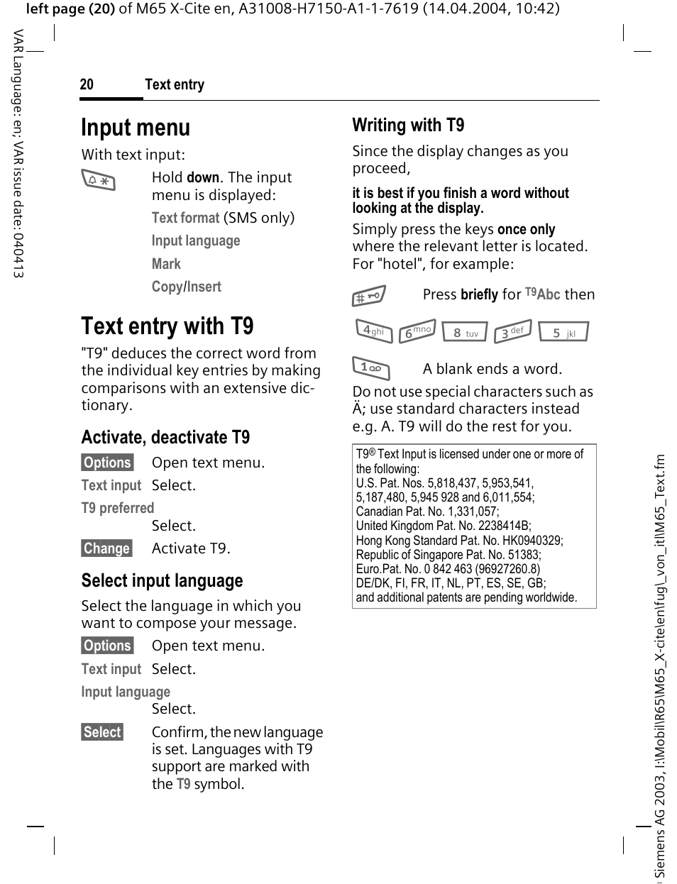 Input menu, Text entry with t9, Activate, deactivate t9 | Select input language, Writing with t9 | Siemens M65 User Manual | Page 21 / 142