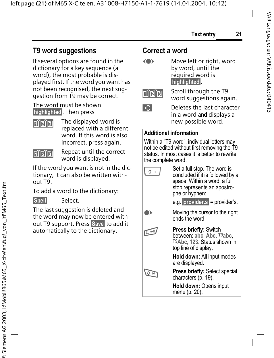 T9 word suggestions, Correct a word | Siemens M65 User Manual | Page 22 / 142