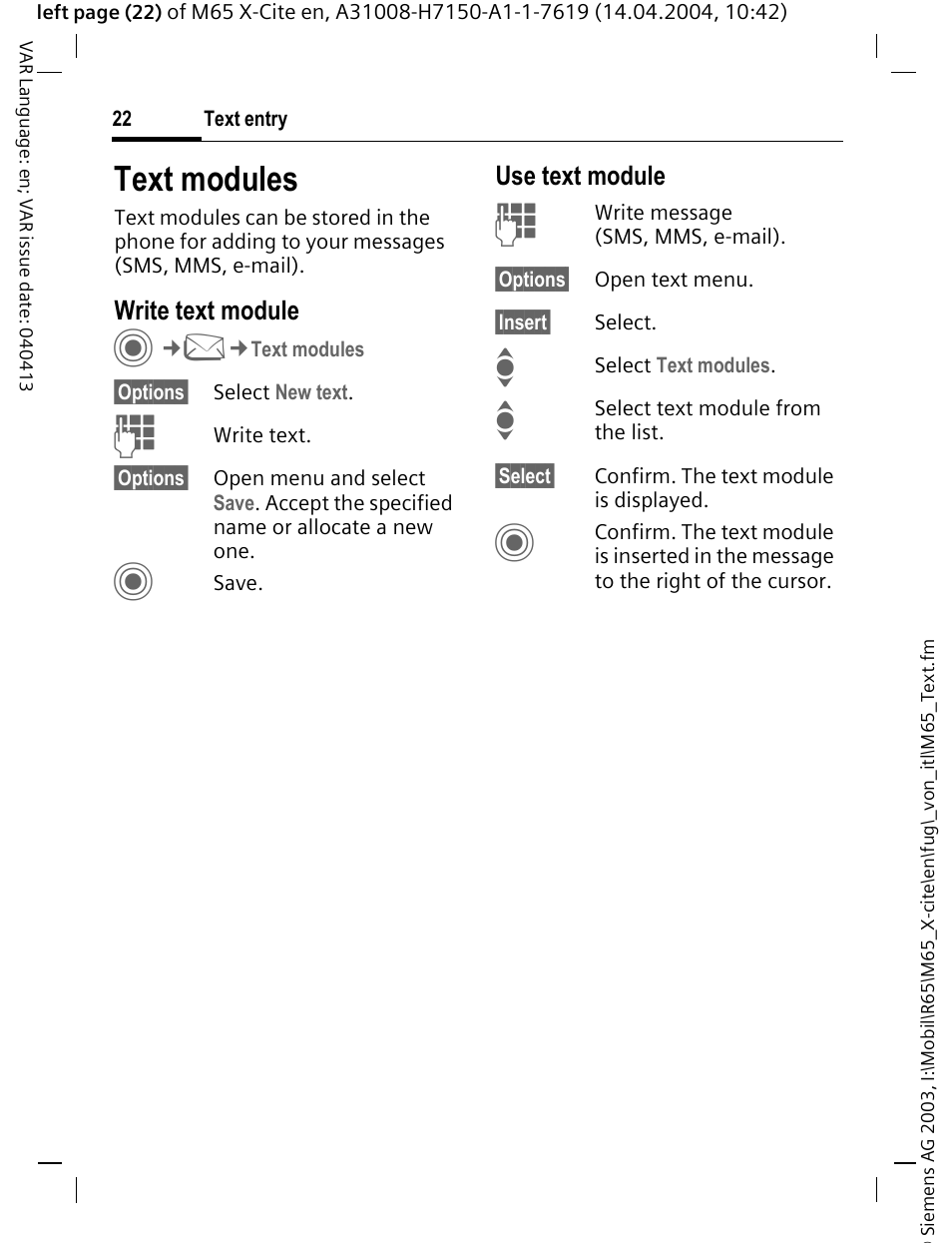 Text modules | Siemens M65 User Manual | Page 23 / 142