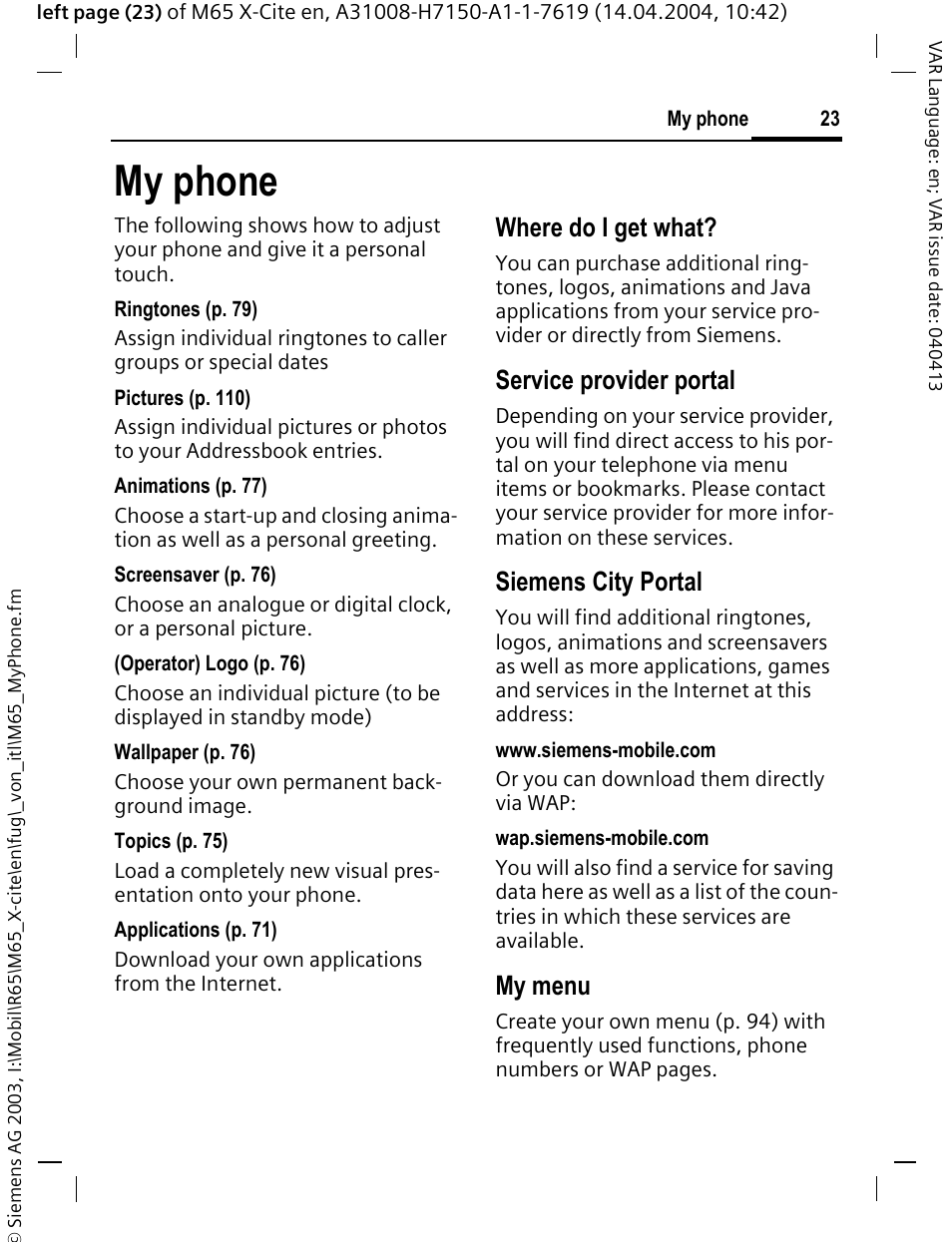 My phone, Where do i get what, Service provider portal | Siemens city portal, My menu | Siemens M65 User Manual | Page 24 / 142