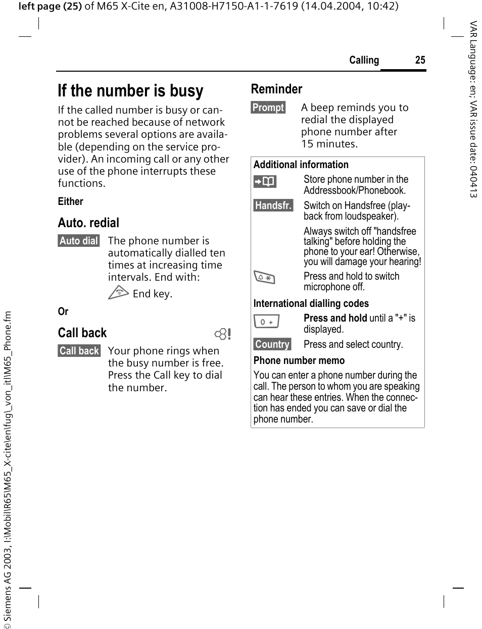 If the number is busy, Auto. redial, Call back b | Reminder | Siemens M65 User Manual | Page 26 / 142