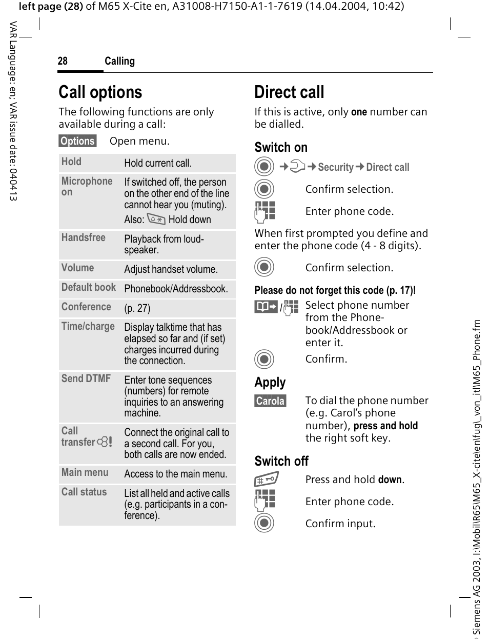 Call options, Direct call | Siemens M65 User Manual | Page 29 / 142