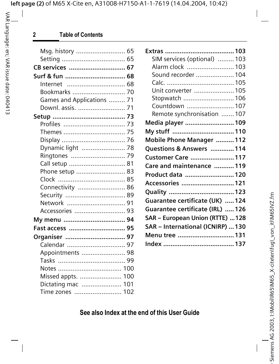 See also index at the end of this user guide | Siemens M65 User Manual | Page 3 / 142