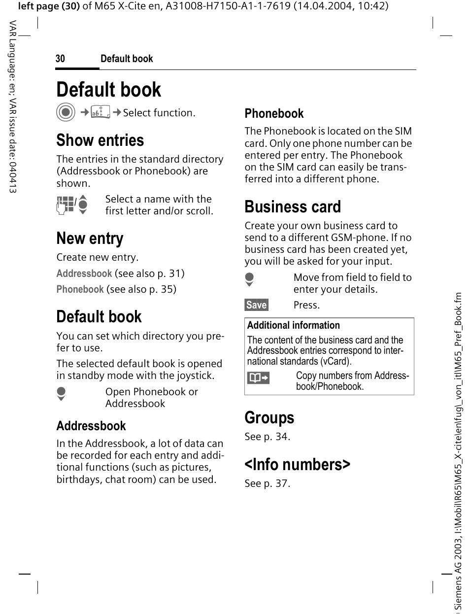 Default book, Default book c, Show entries | New entry, Business card, Groups, Info numbers | Siemens M65 User Manual | Page 31 / 142