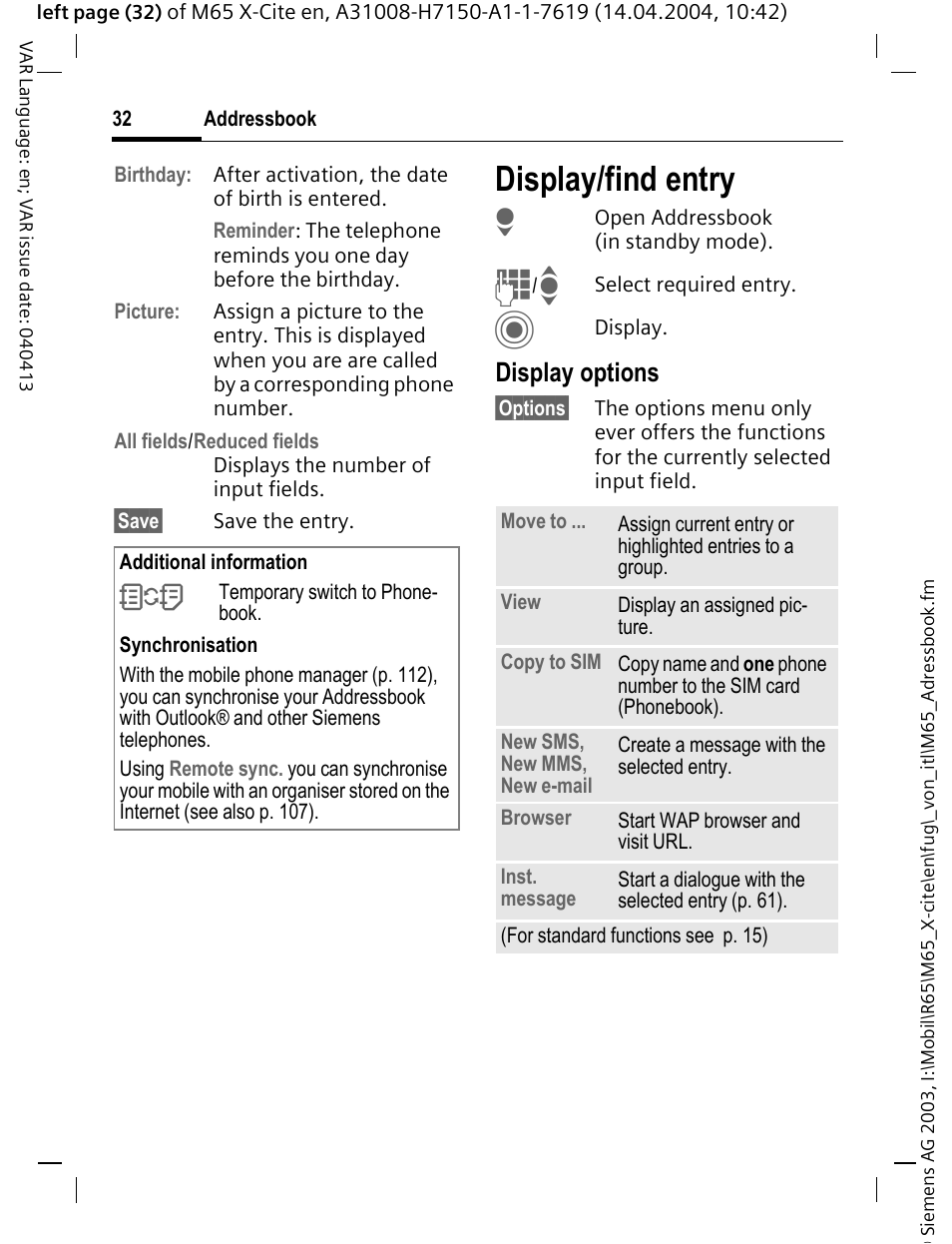 Display/find entry, Display options | Siemens M65 User Manual | Page 33 / 142