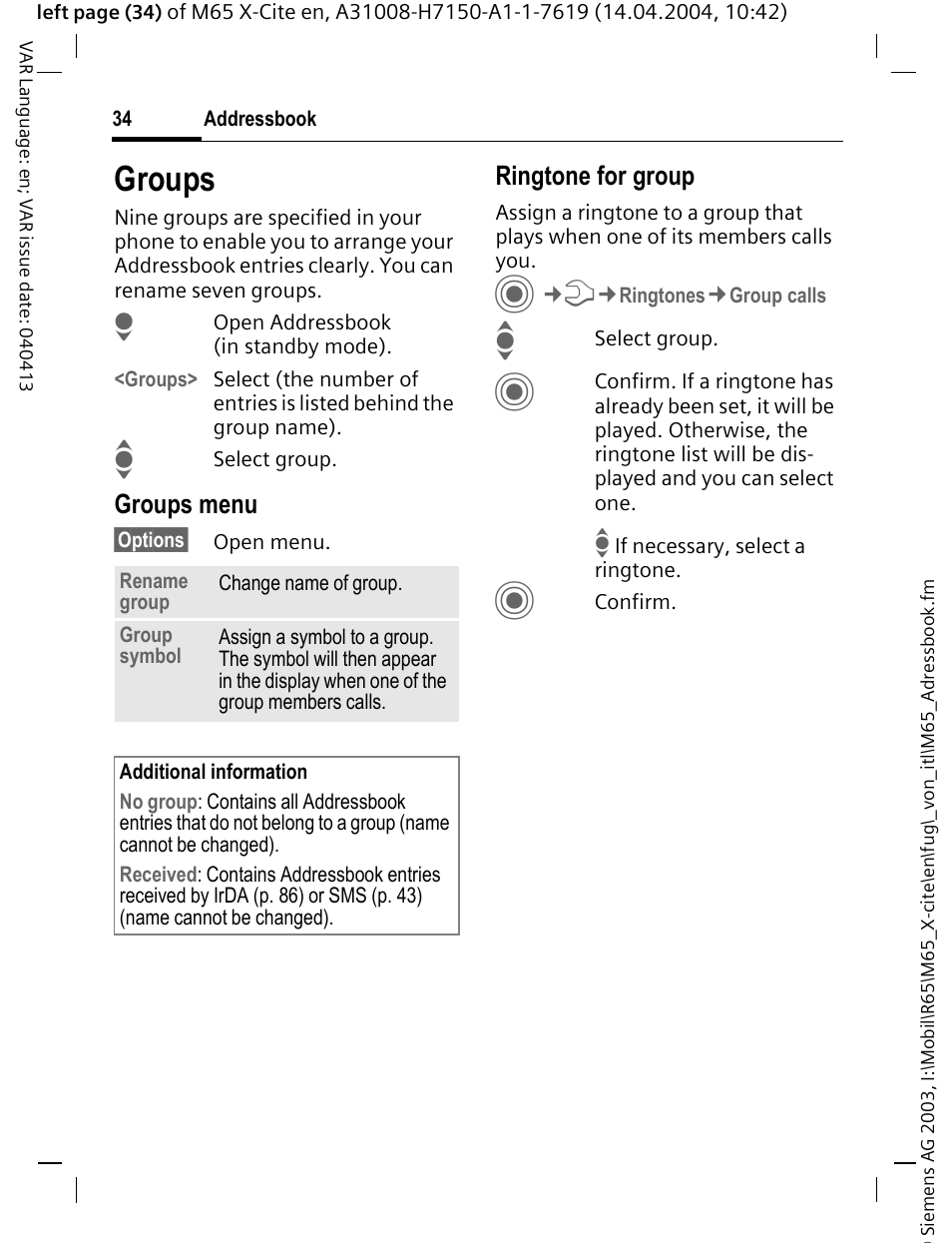 Groups, See p. 34 | Siemens M65 User Manual | Page 35 / 142