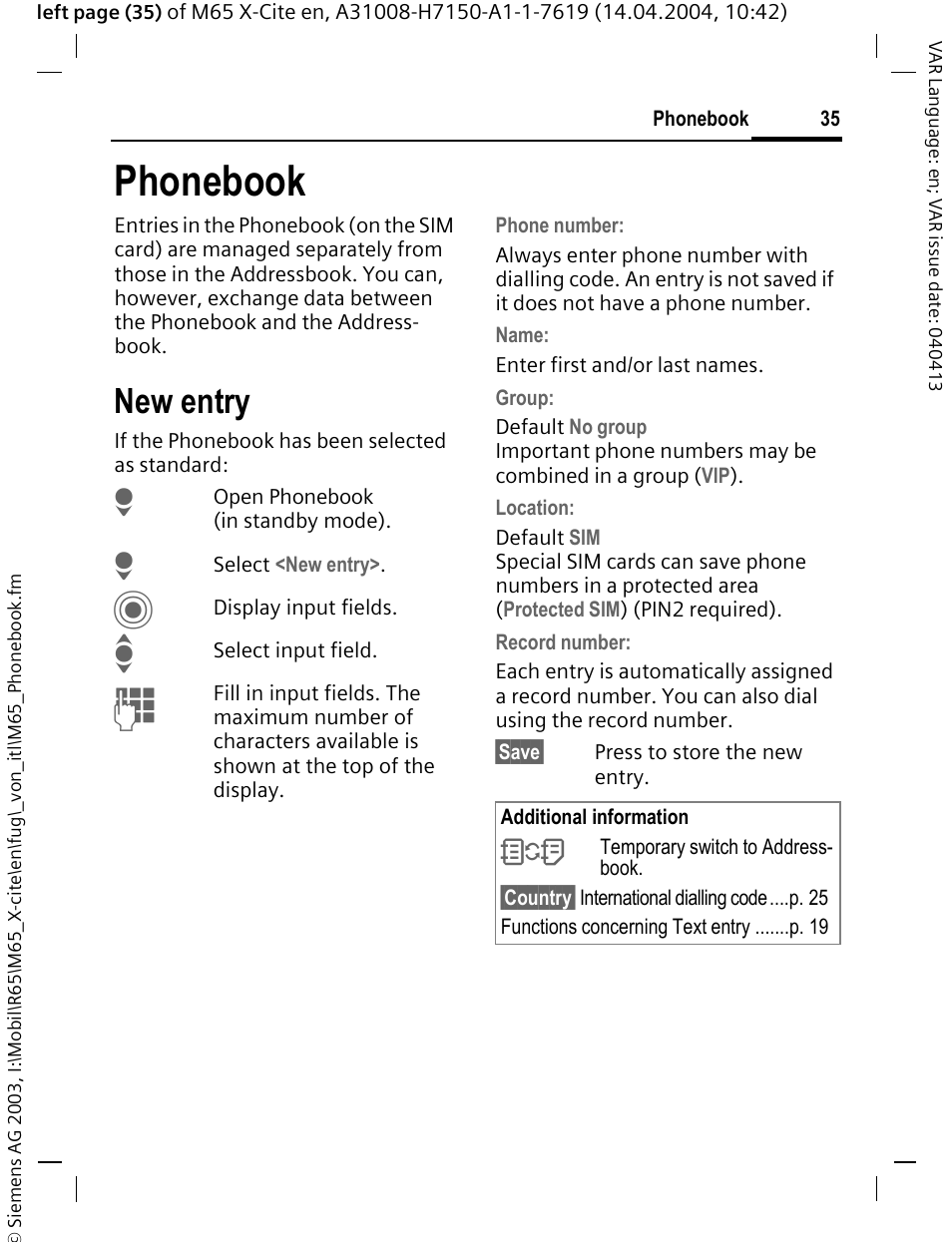 Phonebook, New entry, See also p. 35) | Siemens M65 User Manual | Page 36 / 142