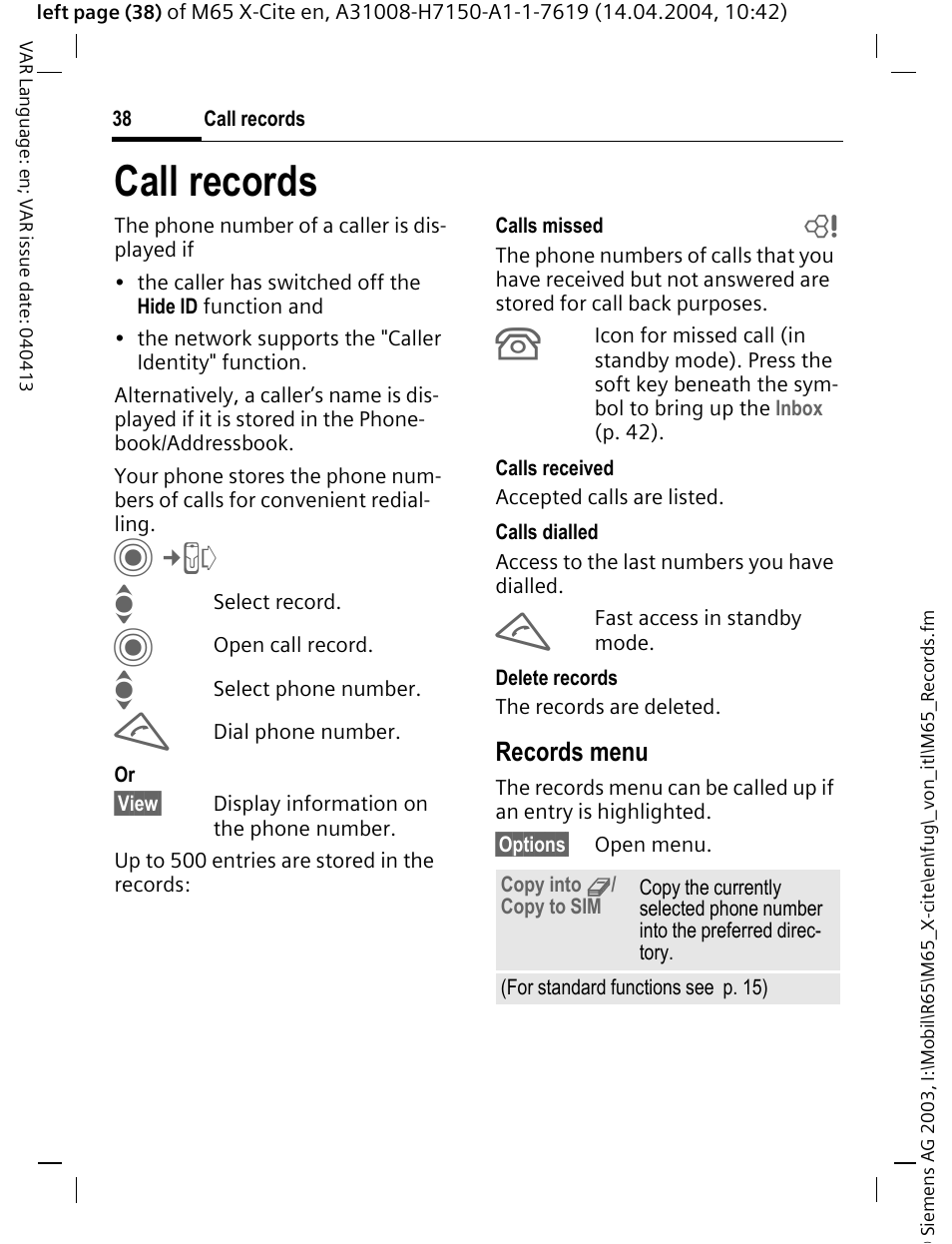 Call records | Siemens M65 User Manual | Page 39 / 142