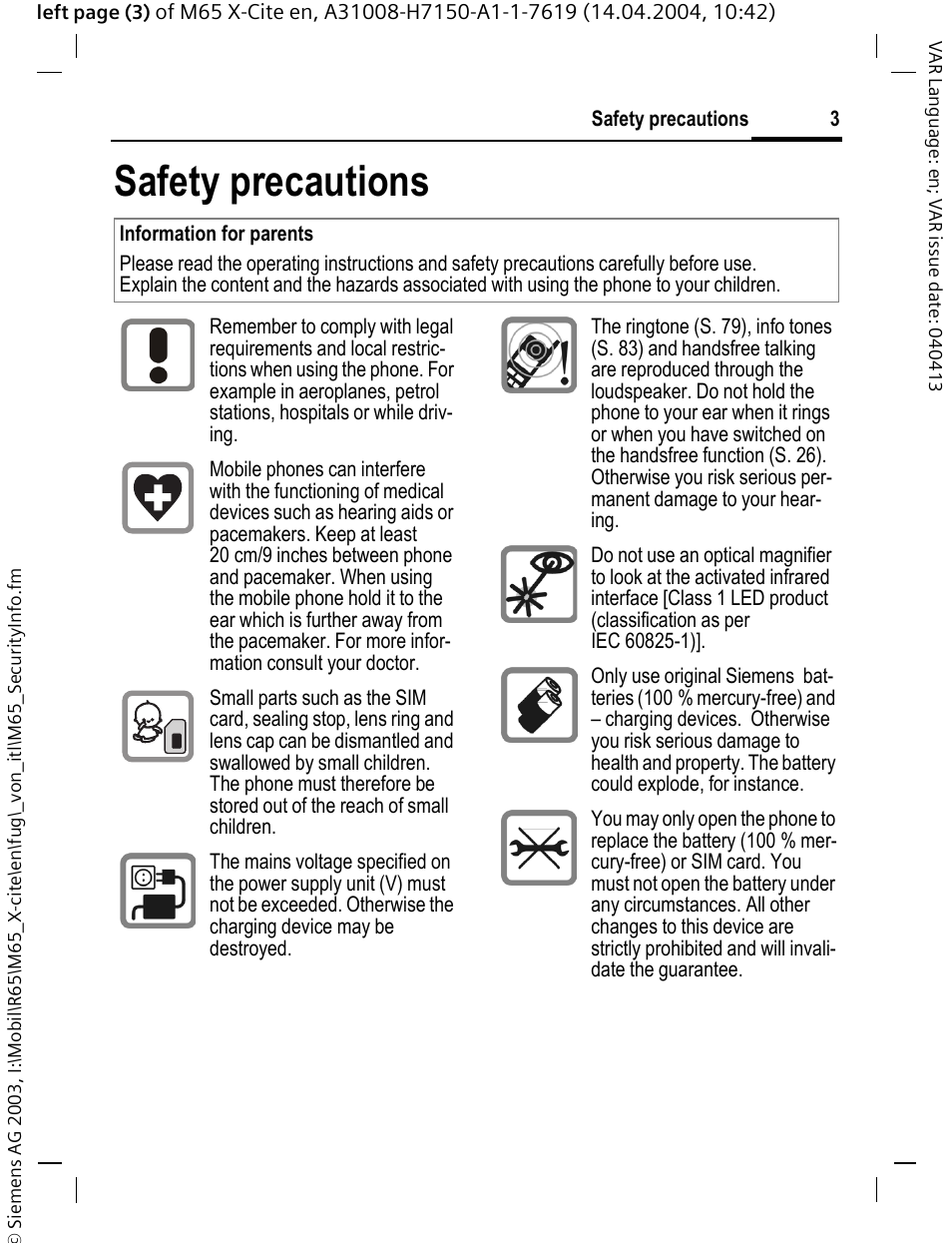 Safety precautions | Siemens M65 User Manual | Page 4 / 142