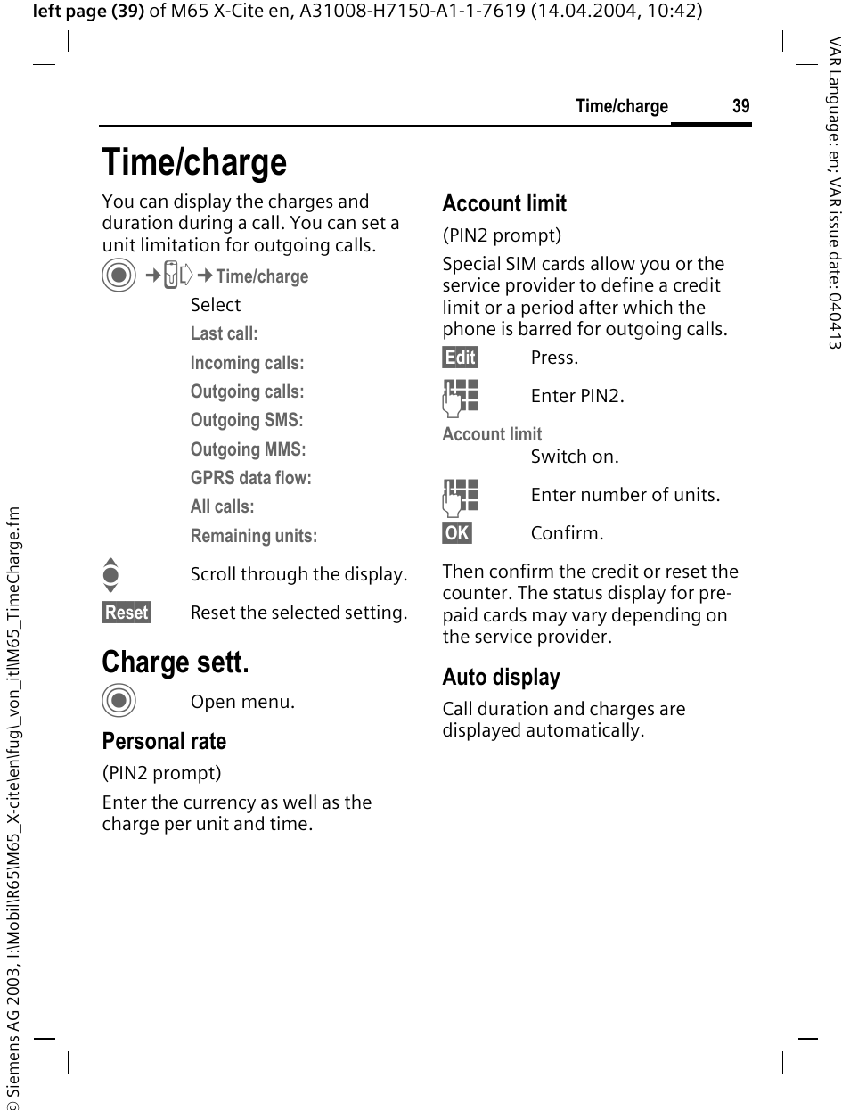 Time/charge, Charge sett | Siemens M65 User Manual | Page 40 / 142