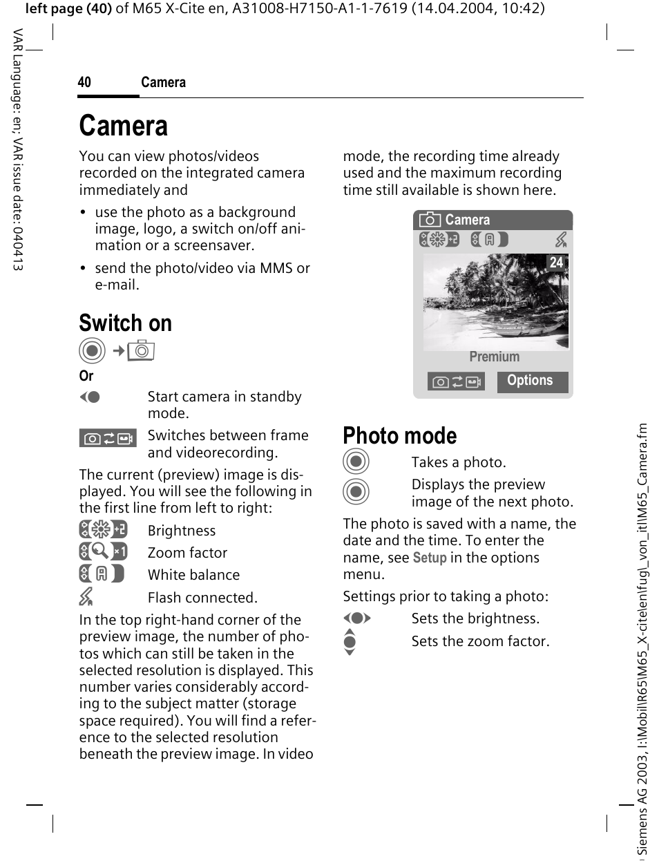 Camera, Photo mode, Switch on | Siemens M65 User Manual | Page 41 / 142