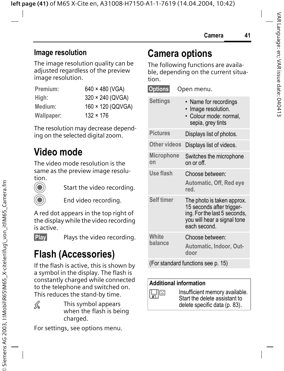 Video mode, Flash (accessories), Camera options | Image resolution | Siemens M65 User Manual | Page 42 / 142