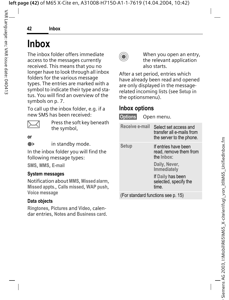 Inbox, Inbox options | Siemens M65 User Manual | Page 43 / 142