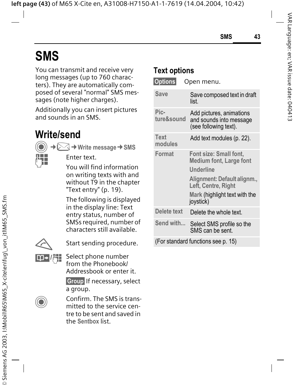 Write/send, Text options | Siemens M65 User Manual | Page 44 / 142