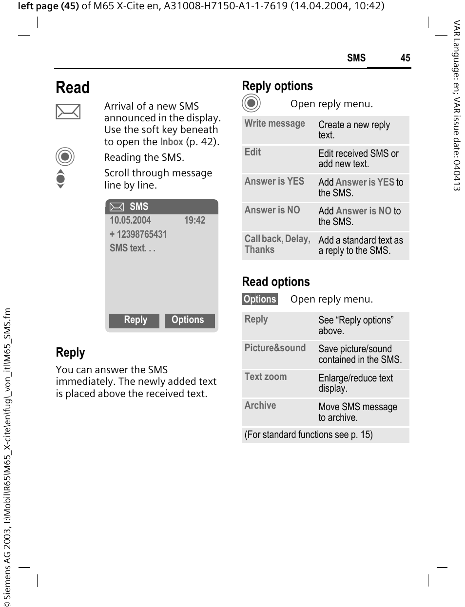 Read, Reply, Reply options | Read options | Siemens M65 User Manual | Page 46 / 142