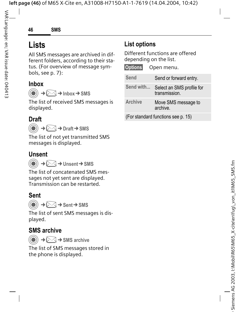 Lists | Siemens M65 User Manual | Page 47 / 142