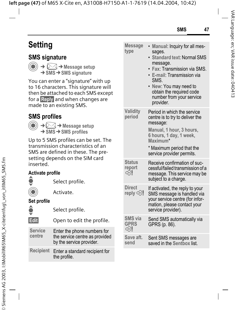 Setting, Sms signature, Sms profiles | Siemens M65 User Manual | Page 48 / 142