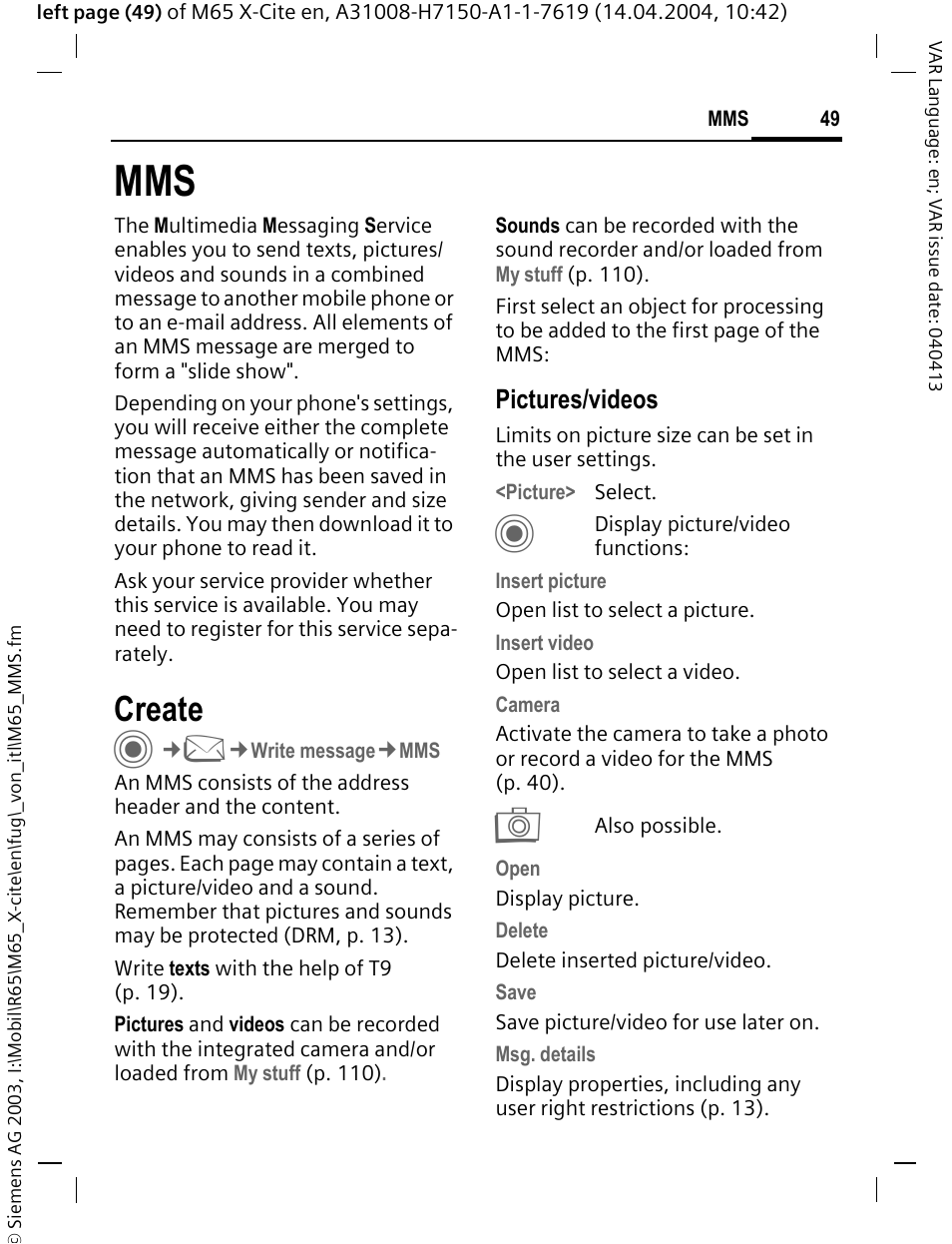 Create, Pictures/videos | Siemens M65 User Manual | Page 50 / 142