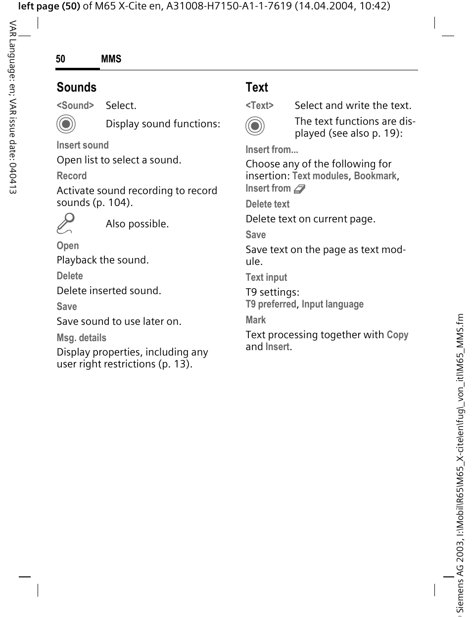 Sounds, Text | Siemens M65 User Manual | Page 51 / 142