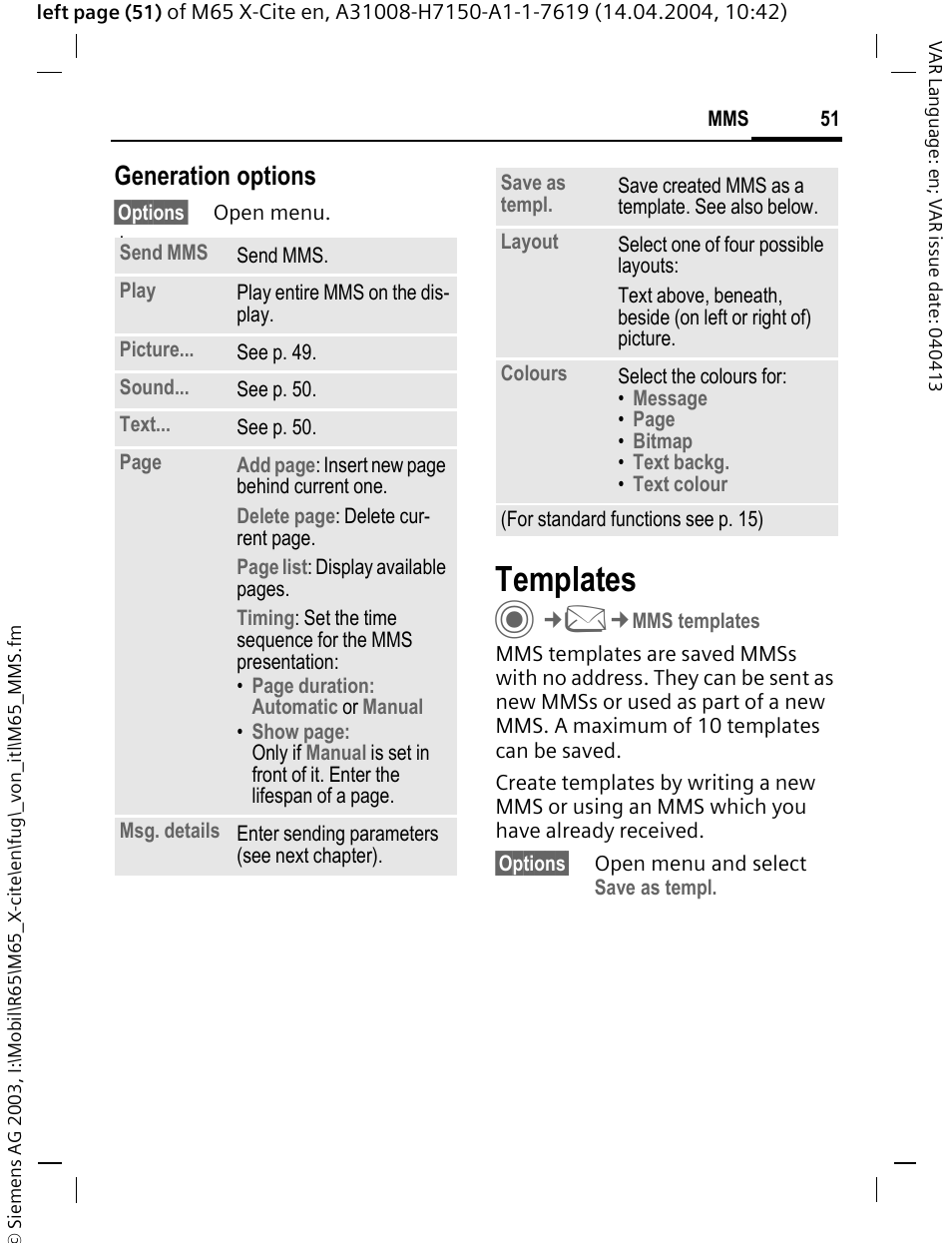 Templates, Generation options | Siemens M65 User Manual | Page 52 / 142