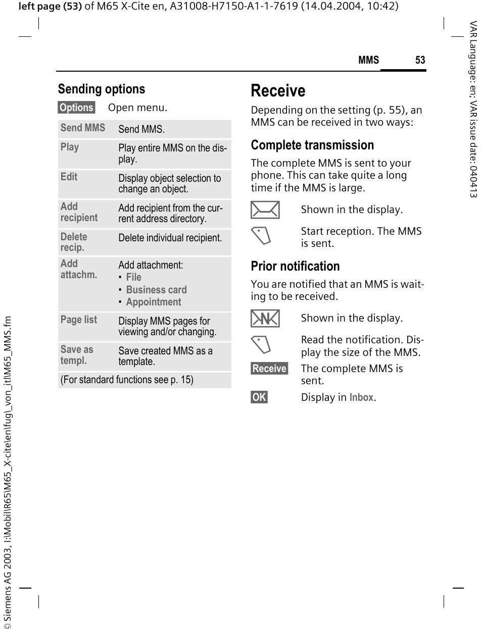 Receive, Sending options, Complete transmission | Prior notification | Siemens M65 User Manual | Page 54 / 142