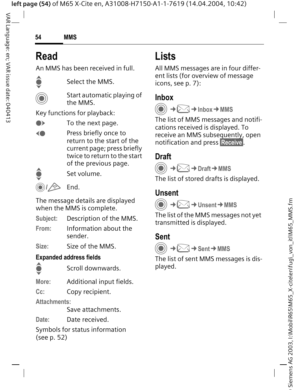 Read, Lists | Siemens M65 User Manual | Page 55 / 142