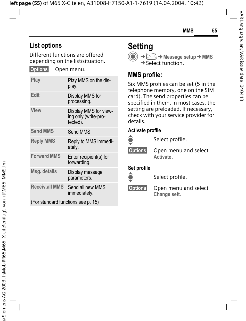 Setting, List options, Mms profile | Siemens M65 User Manual | Page 56 / 142