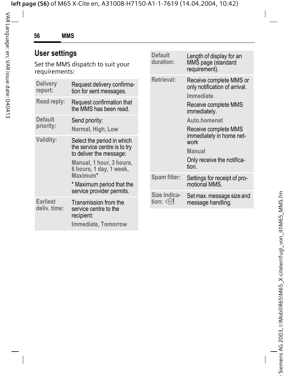 User settings | Siemens M65 User Manual | Page 57 / 142