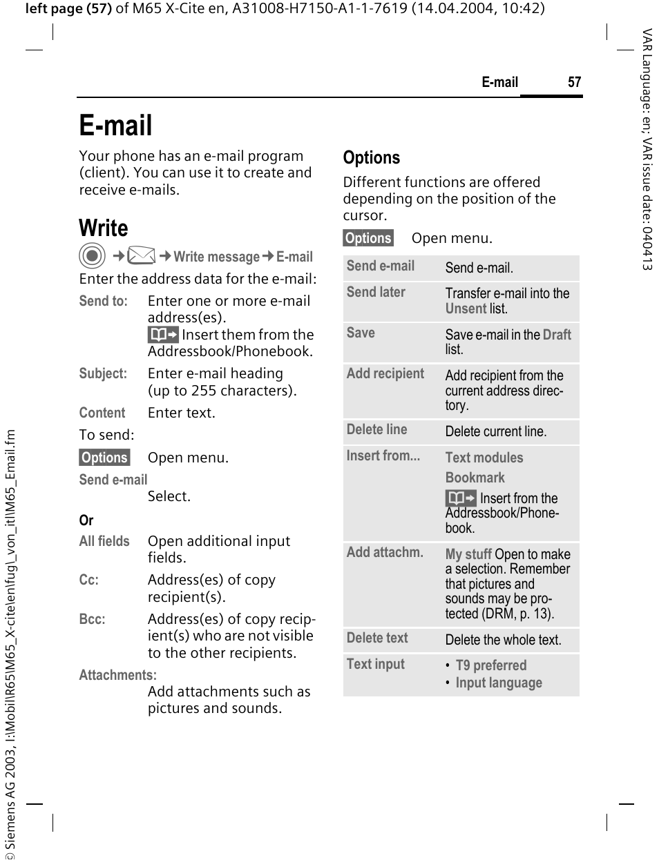 E-mail, Write, Options | Siemens M65 User Manual | Page 58 / 142