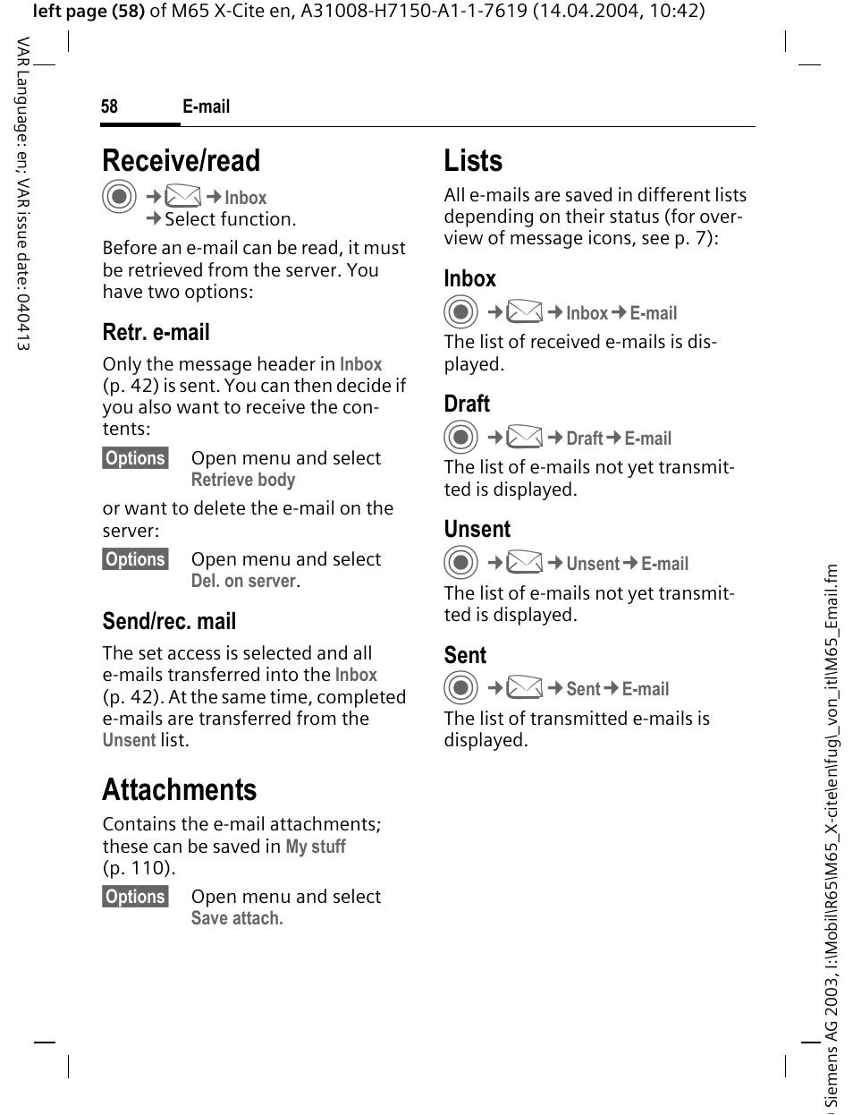 Receive/read, Attachments, Lists | Siemens M65 User Manual | Page 59 / 142