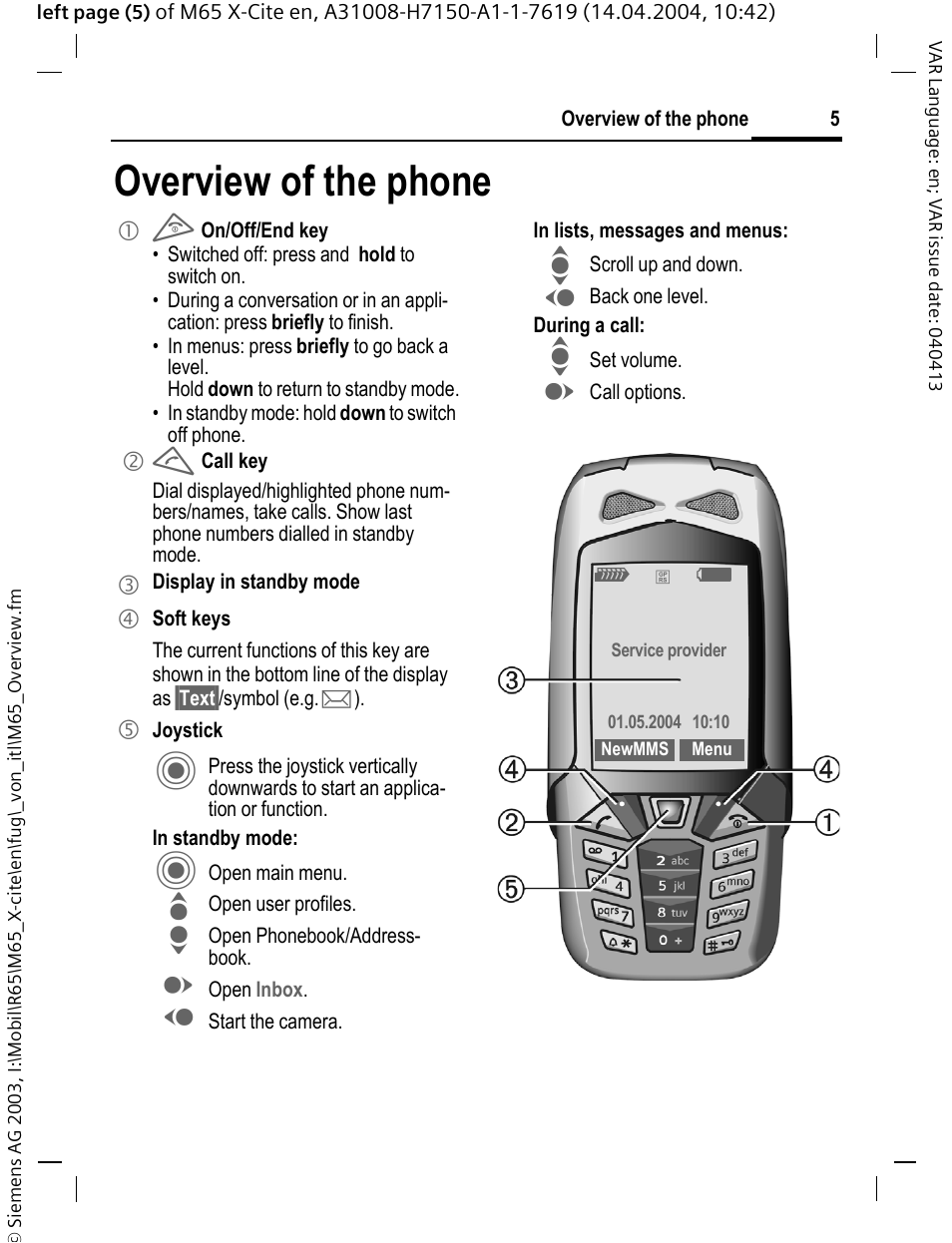 Overview of the phone | Siemens M65 User Manual | Page 6 / 142