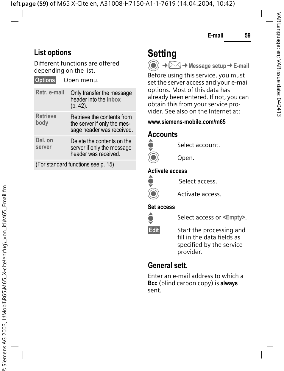 Setting, List options, Accounts | General sett | Siemens M65 User Manual | Page 60 / 142