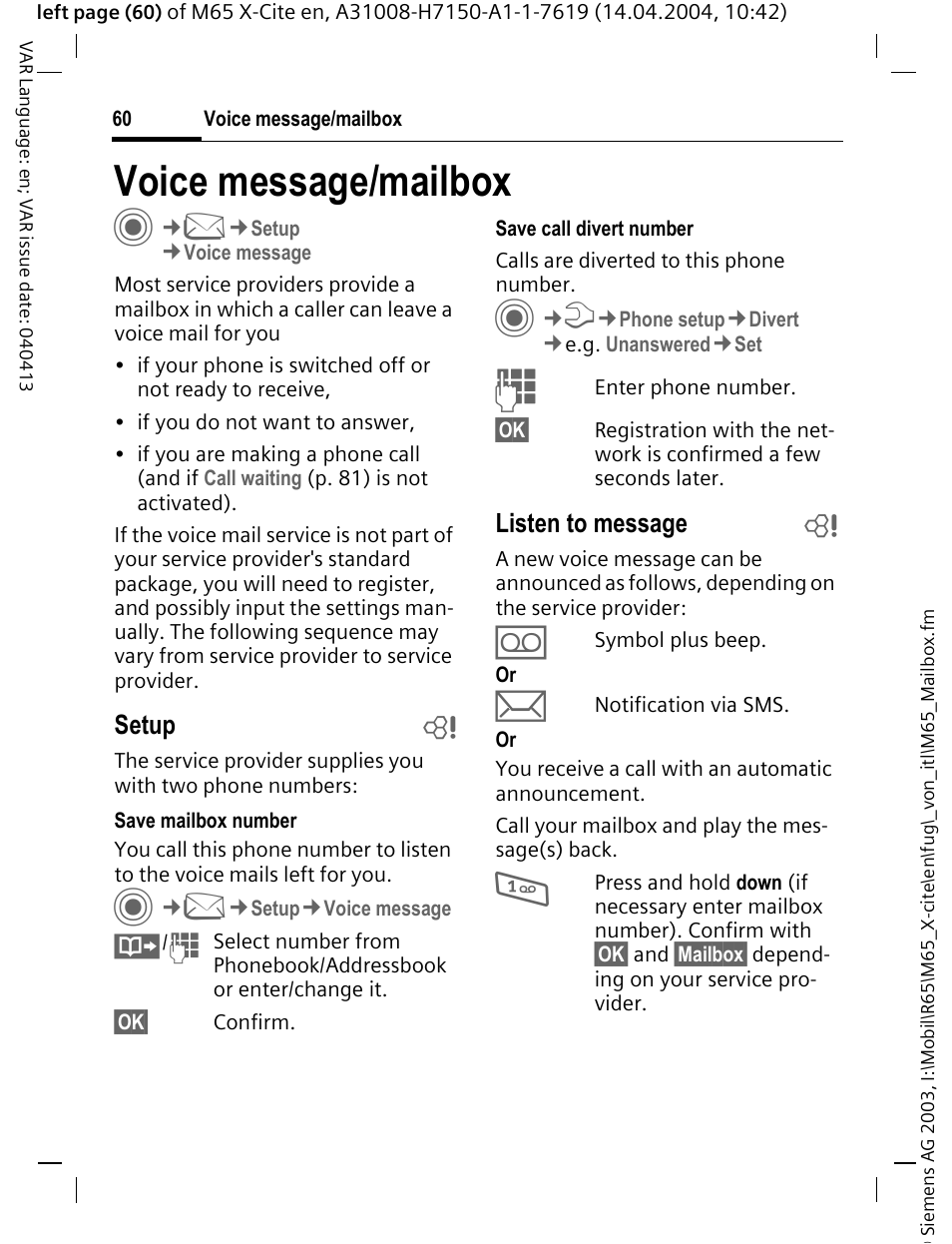 Voice message/mailbox, Voice message/mailbox c | Siemens M65 User Manual | Page 61 / 142