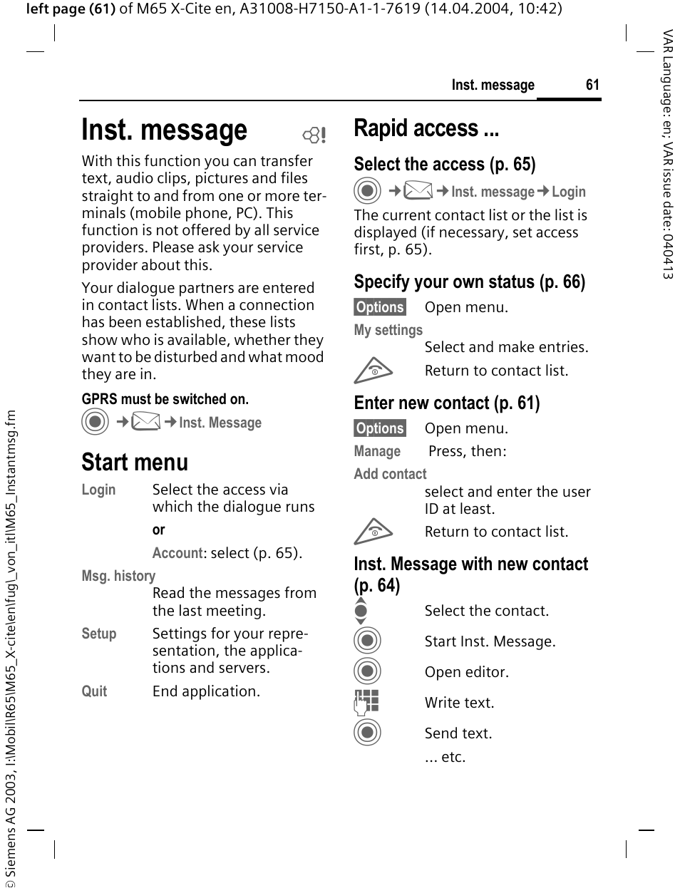 Start menu, Try (p. 61), Inst. message | Rapid access | Siemens M65 User Manual | Page 62 / 142