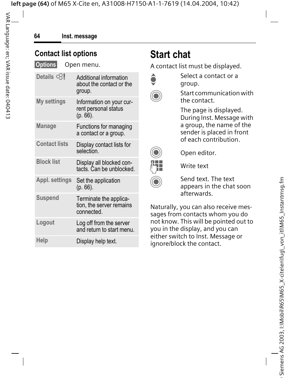 Start chat, P. 64), Contact list options | Siemens M65 User Manual | Page 65 / 142