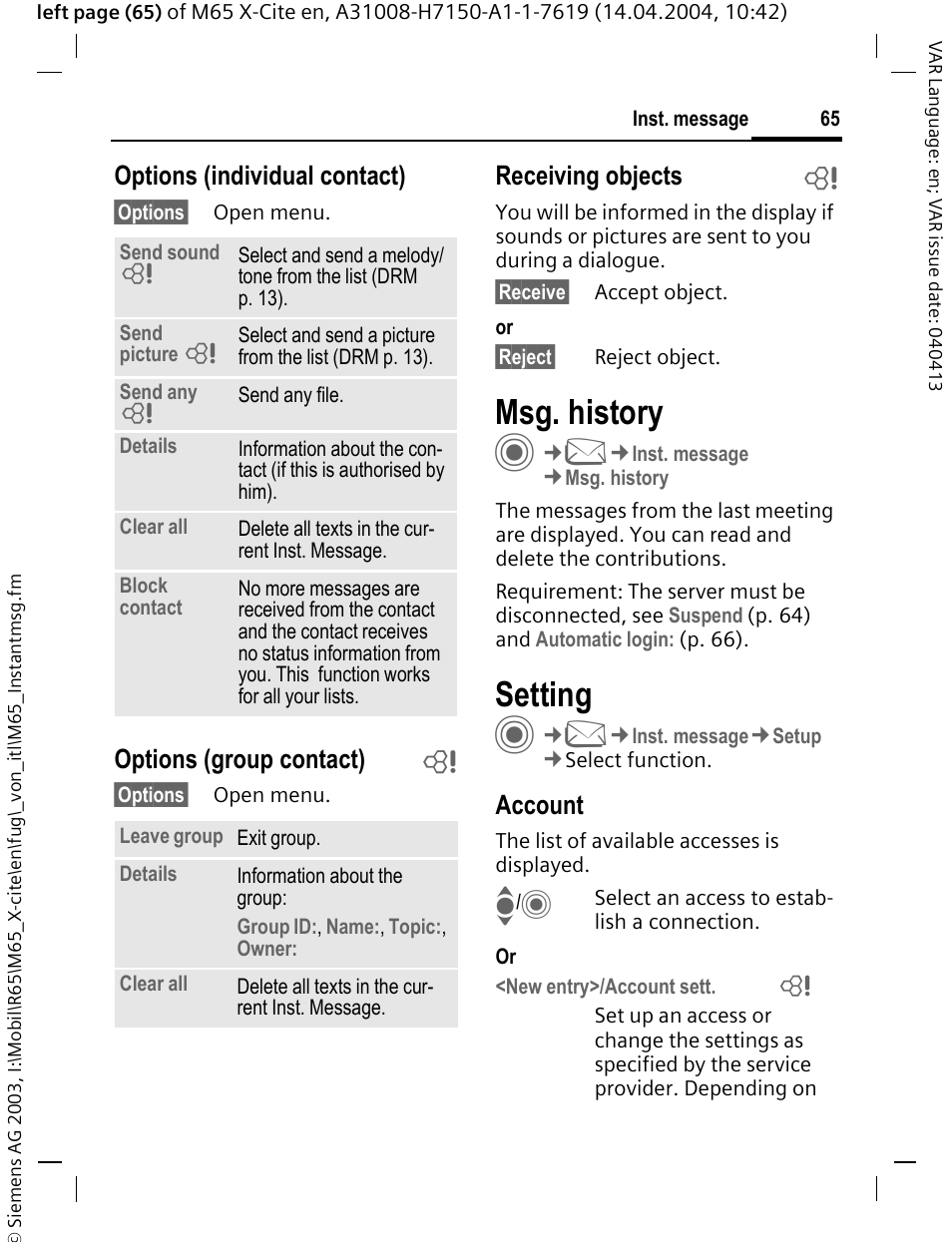 Msg. history, Setting, P. 65) | Select the access (p. 65), First, p. 65), Options (individual contact), Options (group contact) b, Receiving objects b, Account | Siemens M65 User Manual | Page 66 / 142