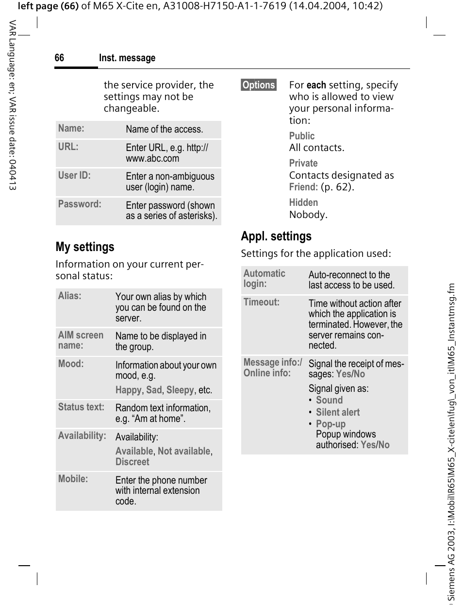 Specify your own status (p. 66), P. 66), My settings | Appl. settings | Siemens M65 User Manual | Page 67 / 142