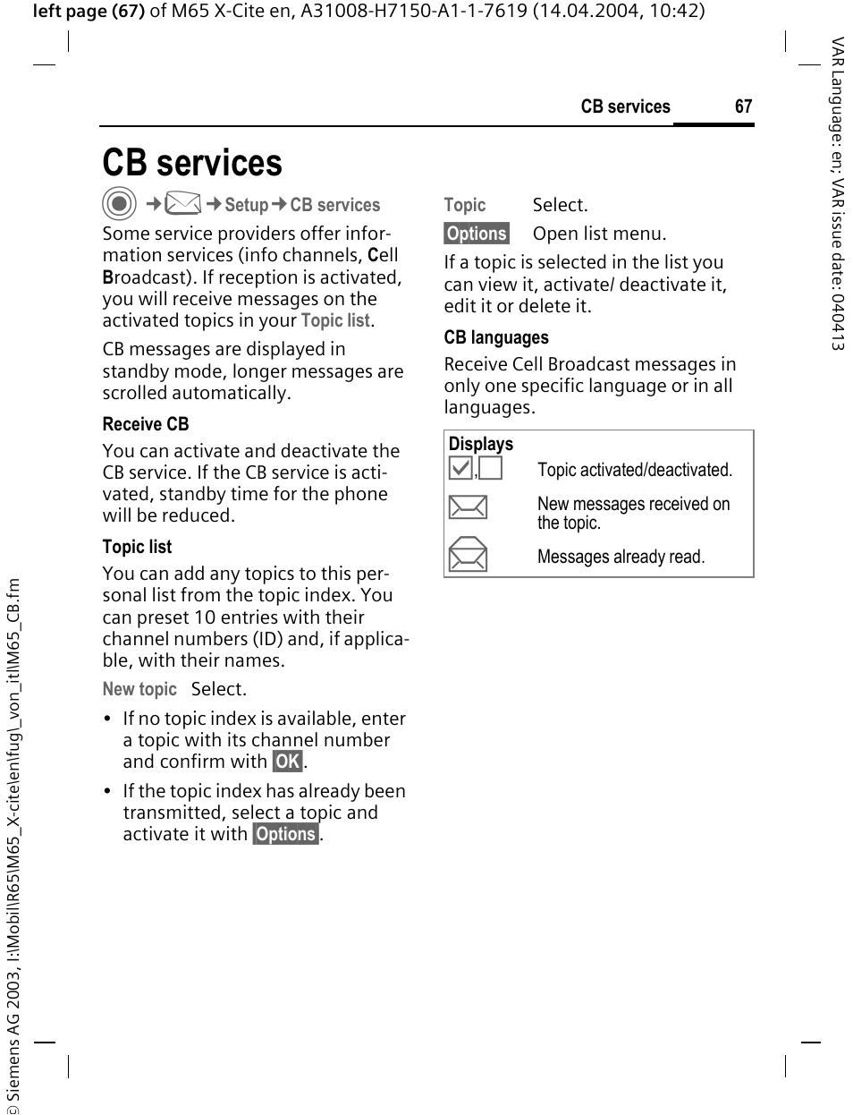 Cb services, Cb services c | Siemens M65 User Manual | Page 68 / 142