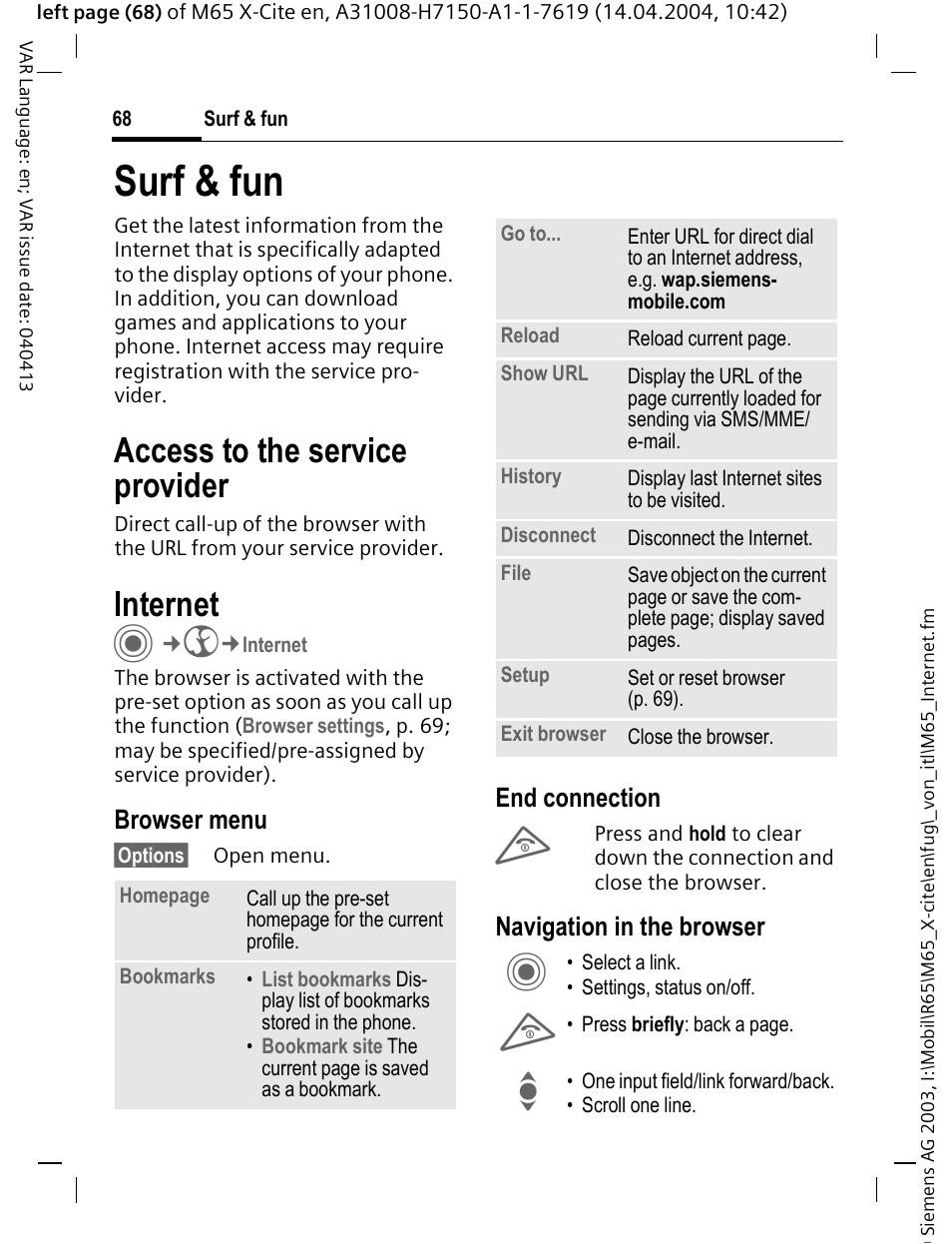 Surf & fun, Internet, Access to the service provider | Browser menu, End connection, Navigation in the browser | Siemens M65 User Manual | Page 69 / 142