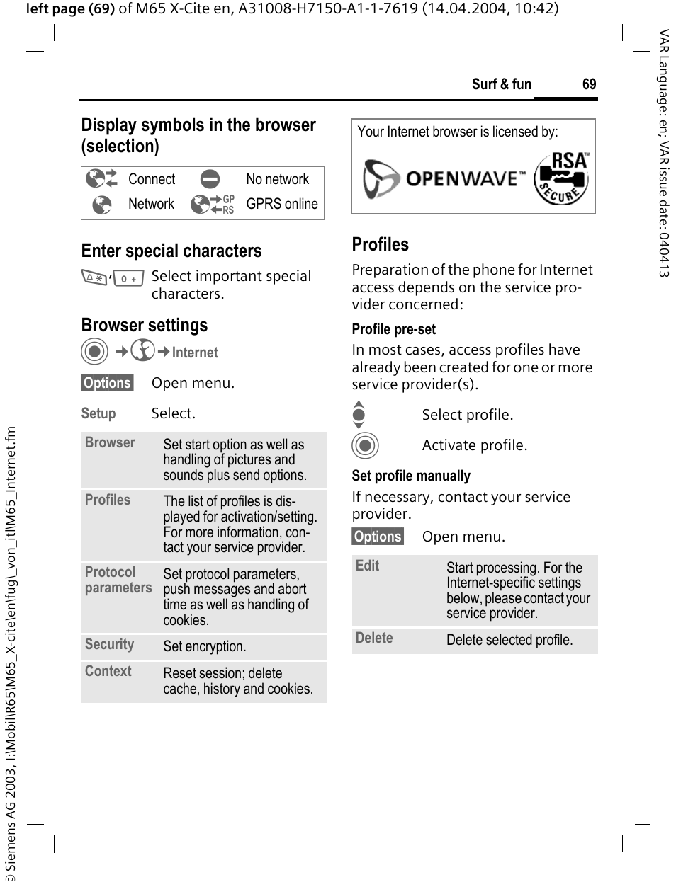 Browser settings, Profiles | Siemens M65 User Manual | Page 70 / 142