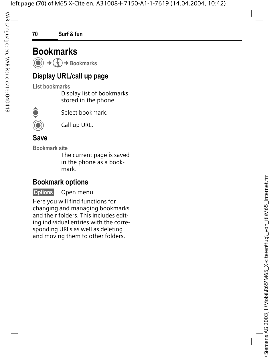 Bookmarks, Display url/call up page, Save | Bookmark options | Siemens M65 User Manual | Page 71 / 142