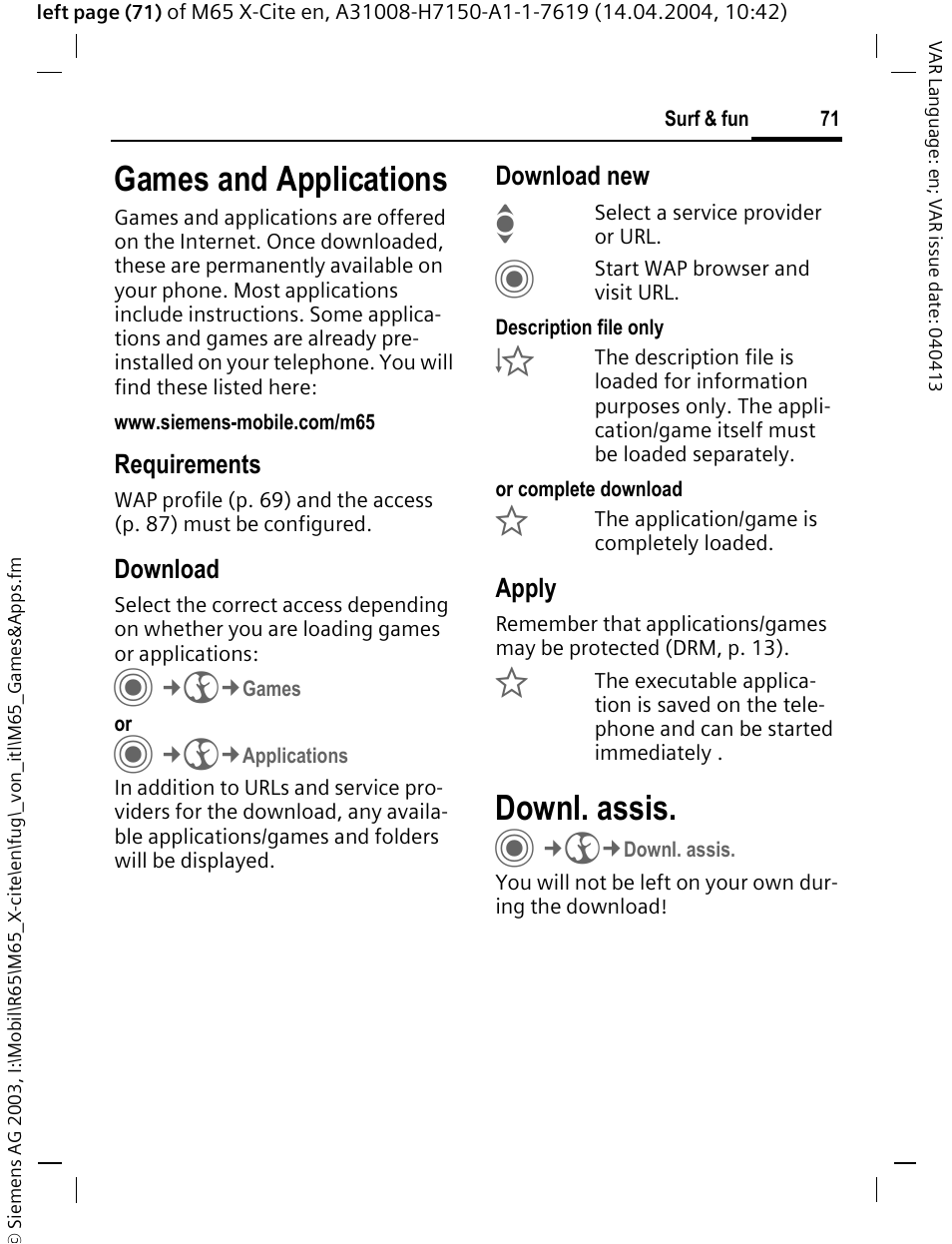 Games and applications, Downl. assis, P. 71) | Siemens M65 User Manual | Page 72 / 142