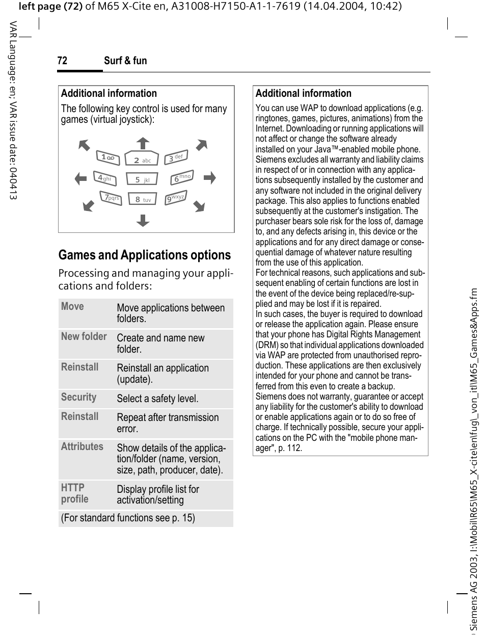 Games and applications options | Siemens M65 User Manual | Page 73 / 142