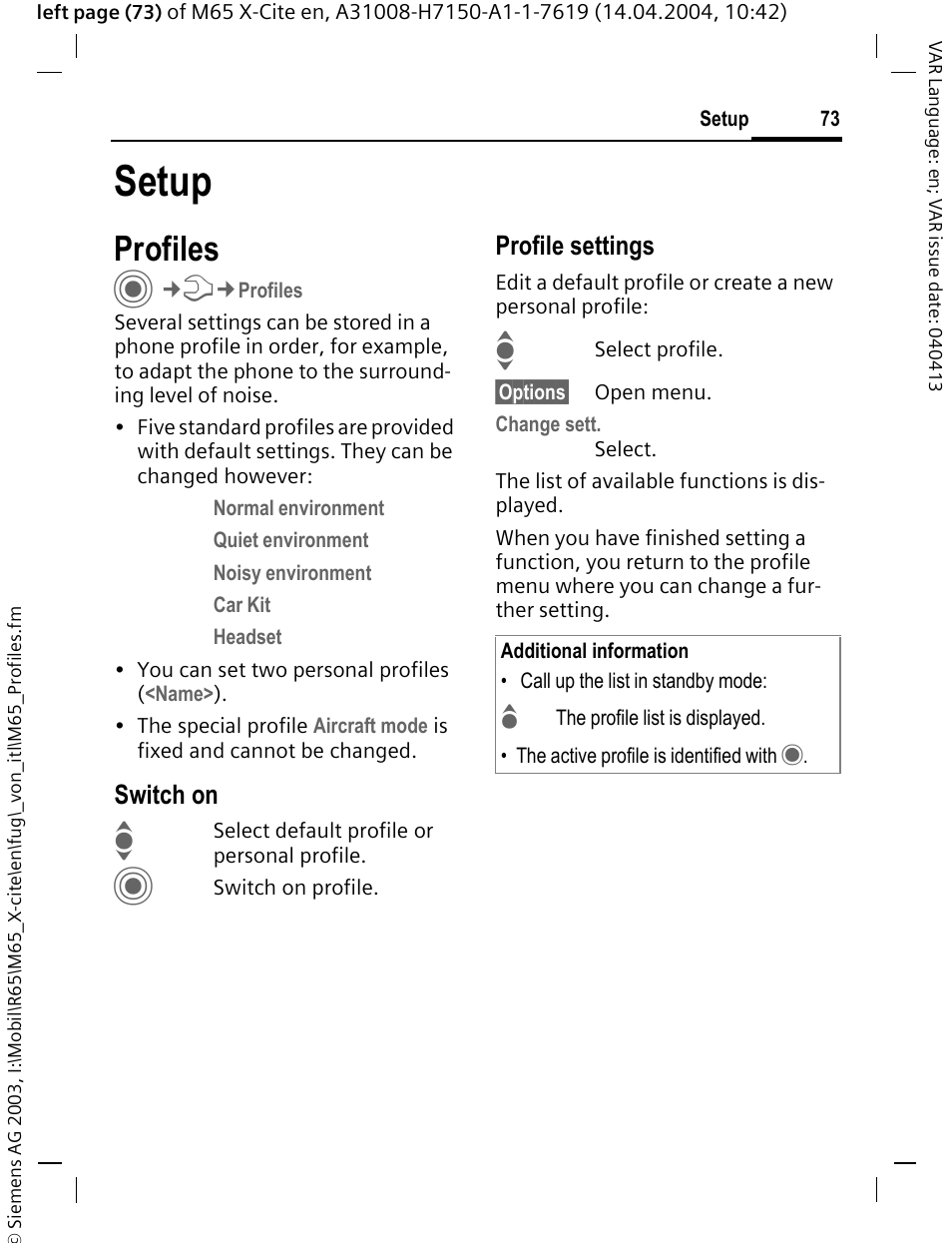 Setup, Profiles, Switch on | Profile settings | Siemens M65 User Manual | Page 74 / 142