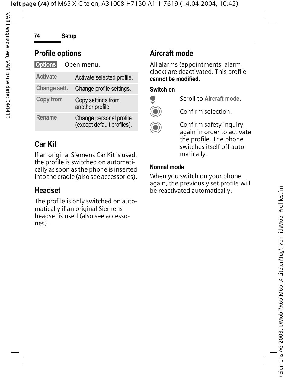 Profile options, Car kit, Headset | Aircraft mode | Siemens M65 User Manual | Page 75 / 142