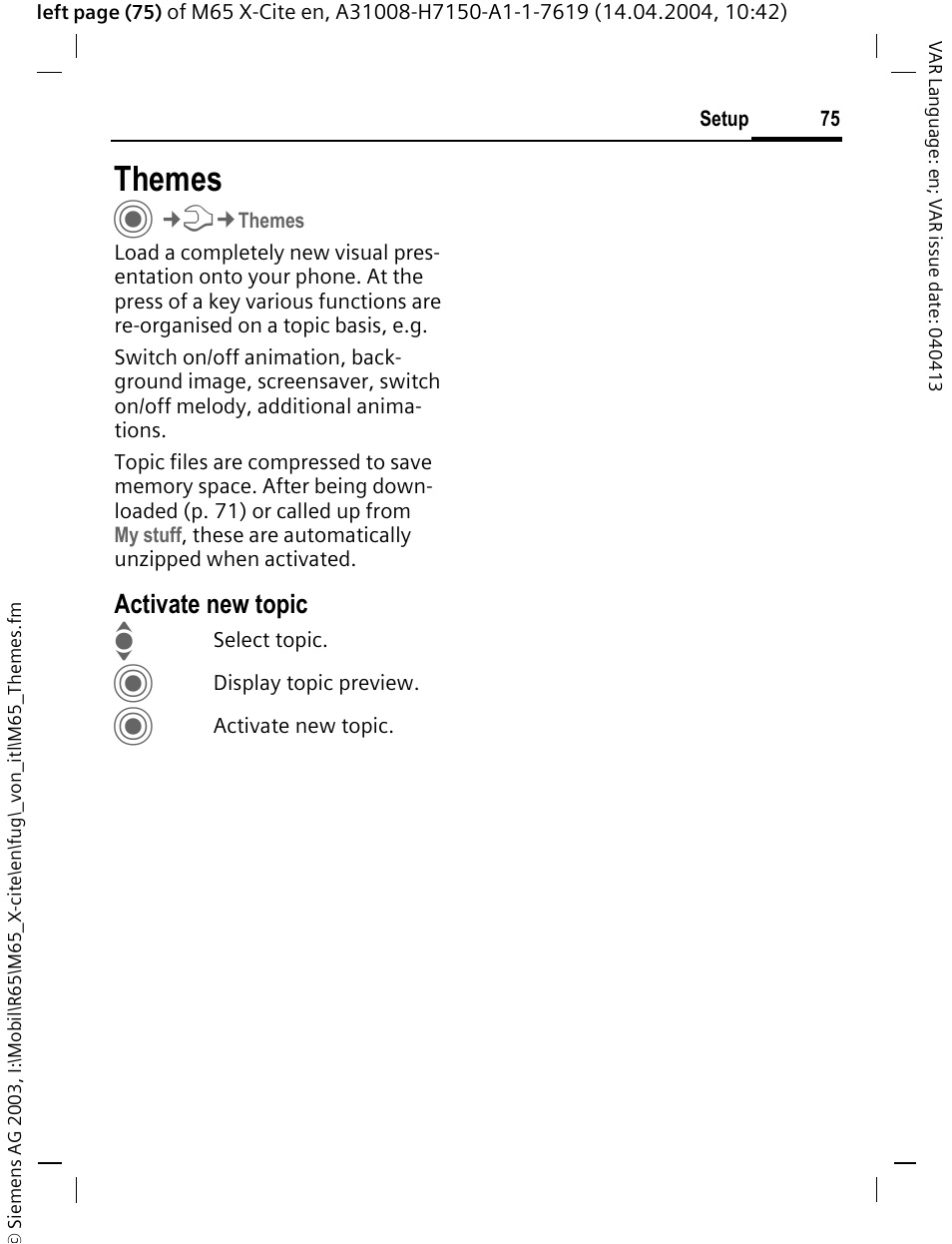 Themes, Cs (p. 75), Activate new topic | Siemens M65 User Manual | Page 76 / 142