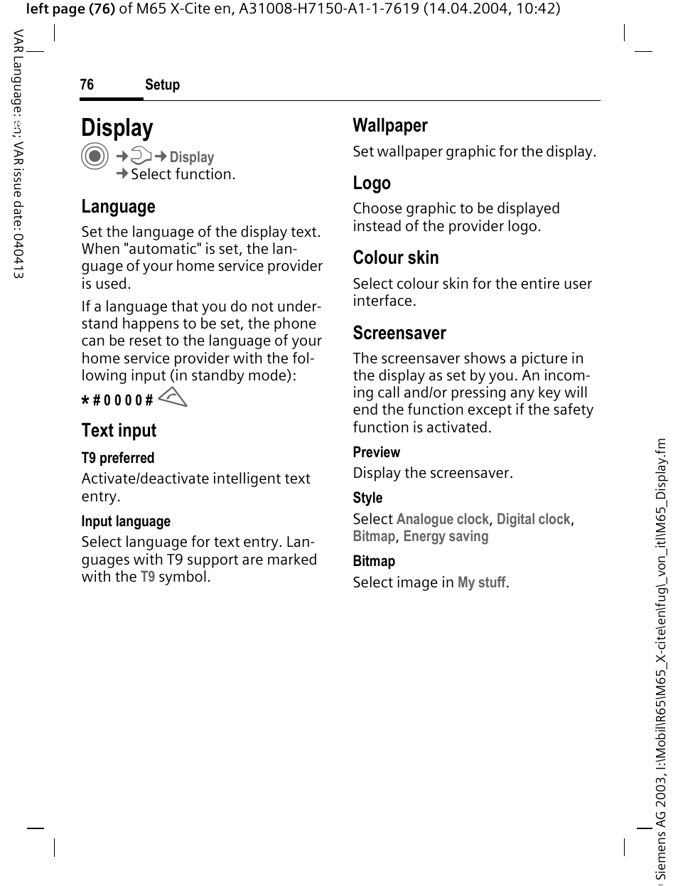 Display, Ver (p. 76), O (p. 76) | R (p. 76), Language, Text input, Wallpaper, Logo, Colour skin, Screensaver | Siemens M65 User Manual | Page 77 / 142