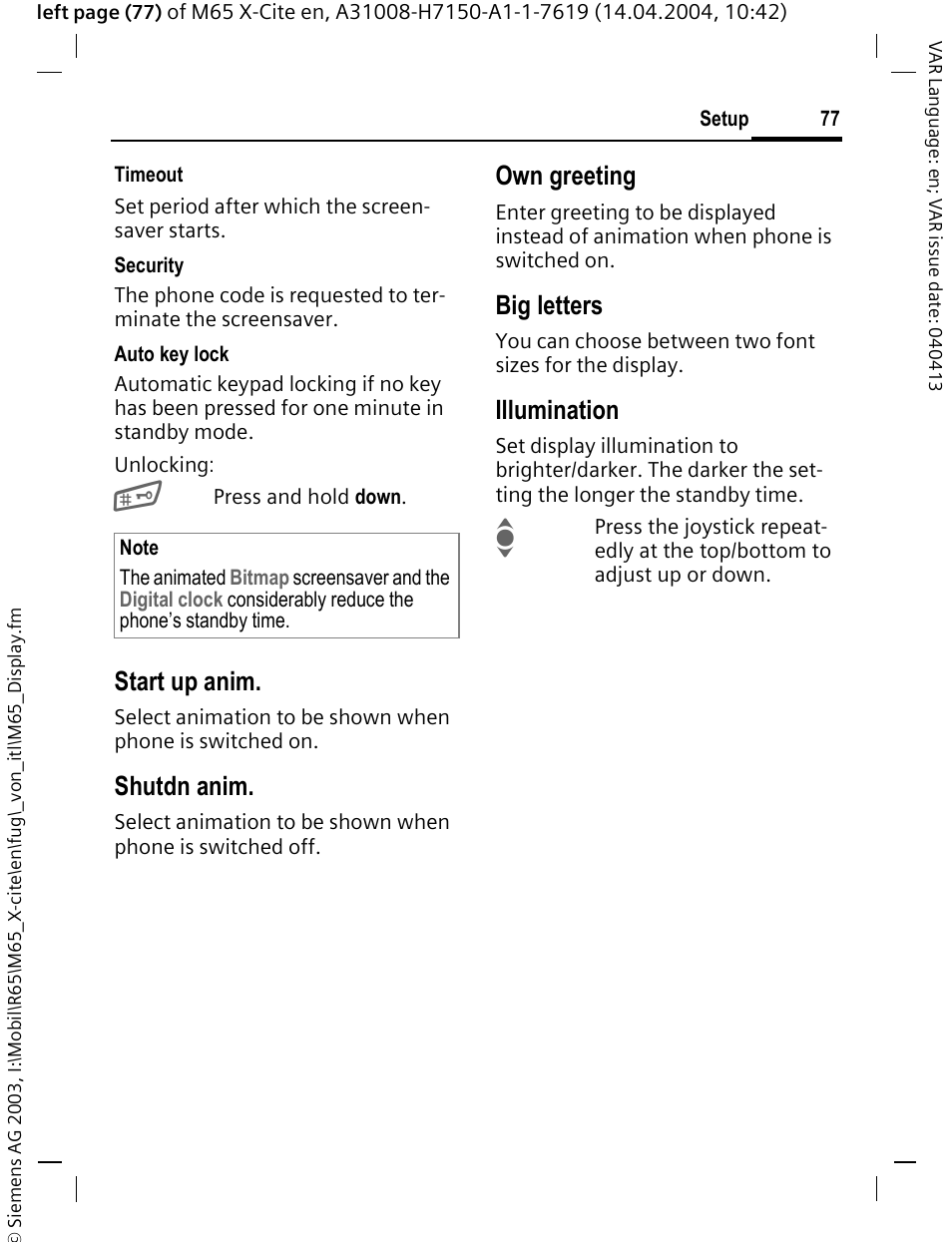 P. 77), Start up anim, Shutdn anim | Own greeting, Big letters, Illumination | Siemens M65 User Manual | Page 78 / 142