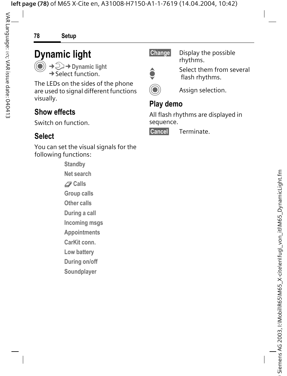 Dynamic light, Show effects, Select | Play demo | Siemens M65 User Manual | Page 79 / 142