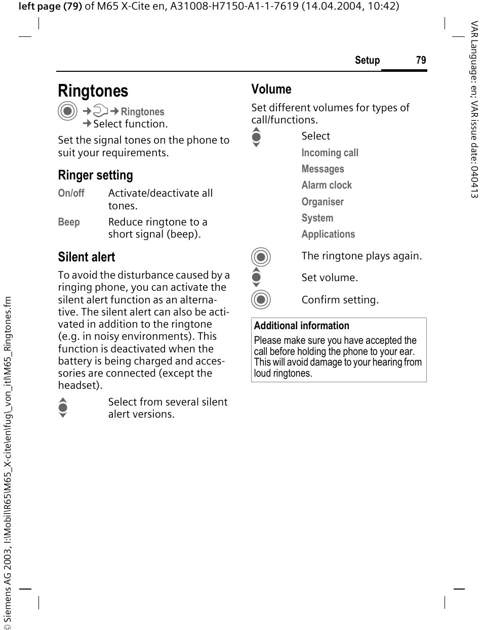 Ringtones, Nes (p. 79) | Siemens M65 User Manual | Page 80 / 142